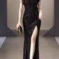 Vintage Black Sequin Spaghetti Strap Mermaid Evening Gown Feather High Slit Prom Dress DP7777