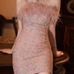 Vintage Pink Sequin Strapless Feather Trim Mini Bodycon Homecoming Dress DP7779