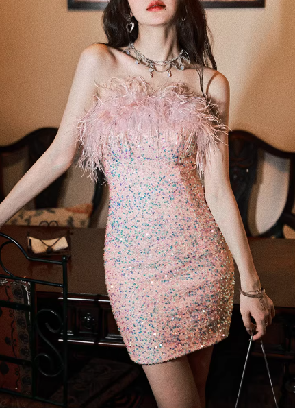Vintage Pink Sequin Strapless Feather Trim Mini Bodycon Homecoming Dress DP7779