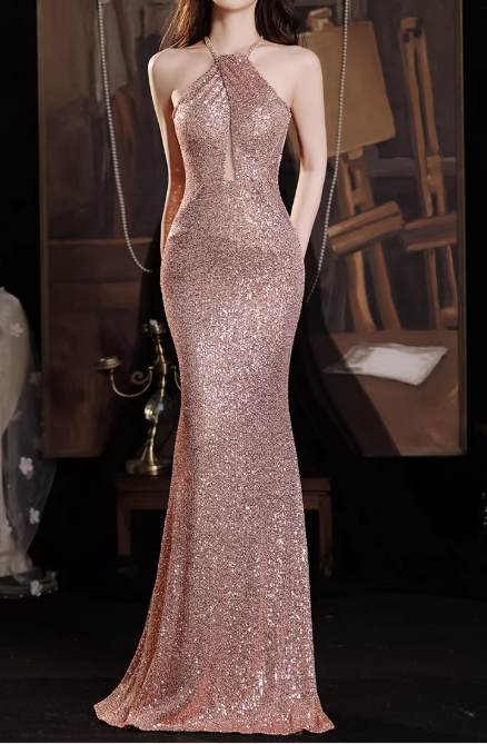Vintage Rose Gold Sequin Gown Halter-Neck Sheath Prom Dress DP7780