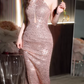 Vintage Rose Gold Sequin Gown Halter-Neck Sheath Prom Dress DP7780