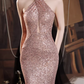 Vintage Rose Gold Sequin Gown Halter-Neck Sheath Prom Dress DP7780