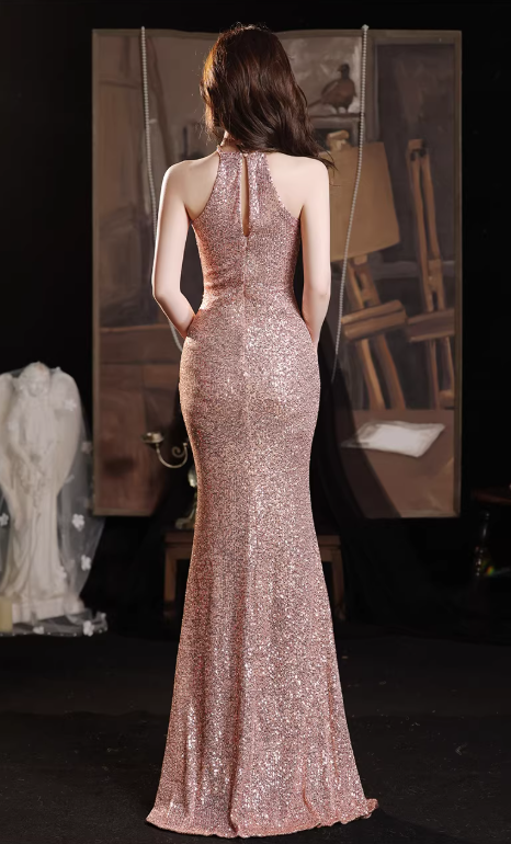 Vintage Rose Gold Sequin Gown Halter-Neck Sheath Prom Dress DP7780