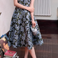 Vintage Navy Blue Floral Print Halter-Neck A-Line Midi Prom Dress DP7781