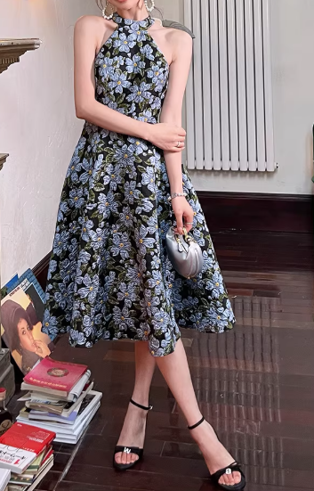 Vintage Navy Blue Floral Print Halter-Neck A-Line Midi Prom Dress DP7781