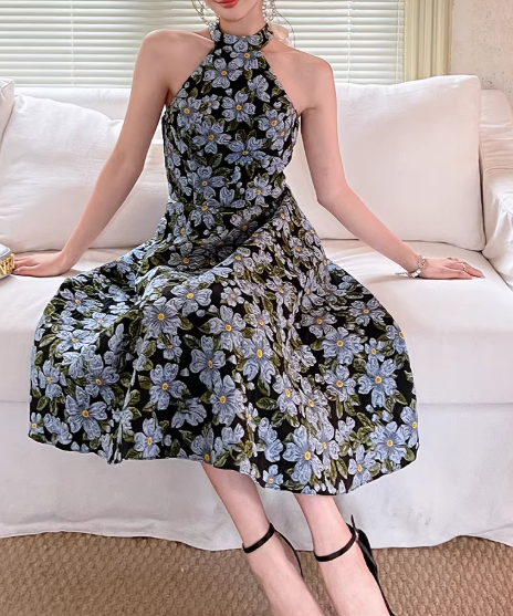 Vintage Navy Blue Floral Print Halter-Neck A-Line Midi Prom Dress DP7781