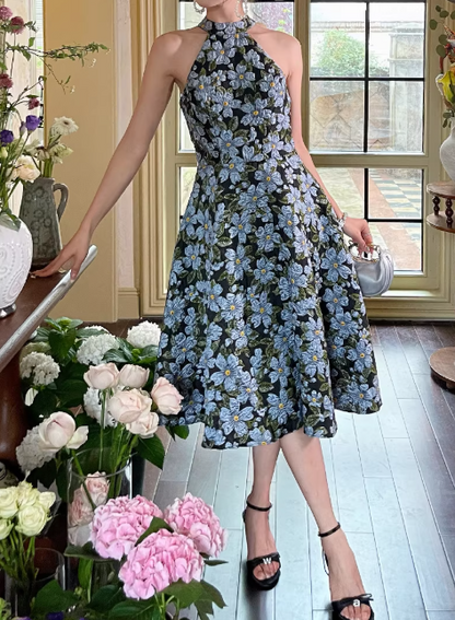 Vintage Navy Blue Floral Print Halter-Neck A-Line Midi Prom Dress DP7781