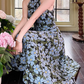 Vintage Navy Blue Floral Print Halter-Neck A-Line Midi Prom Dress DP7781