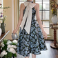 Vintage Navy Blue Floral Print Halter-Neck A-Line Midi Prom Dress DP7781