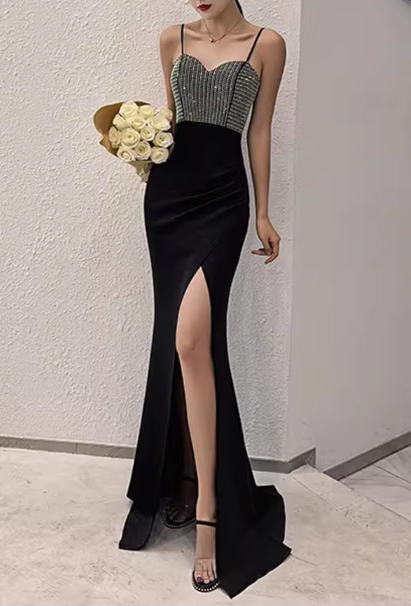 Vintage Black & Silver Sequin Sweetheart Evening Gown High Slit Mermaid Prom Dress DP7782