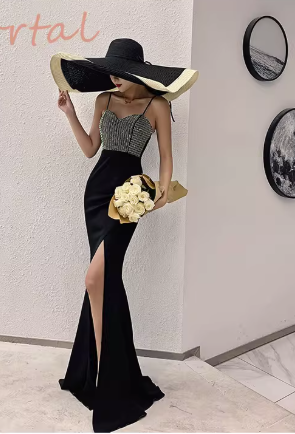 Vintage Black & Silver Sequin Sweetheart Evening Gown High Slit Mermaid Prom Dress DP7782