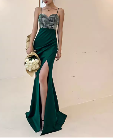 Vintage Black & Silver Sequin Sweetheart Evening Gown High Slit Mermaid Prom Dress DP7782