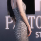 Vintage Silver Sequin Spaghetti Strap Mermaid Evening Gown V-Neck Cutout Prom Dress DP7783