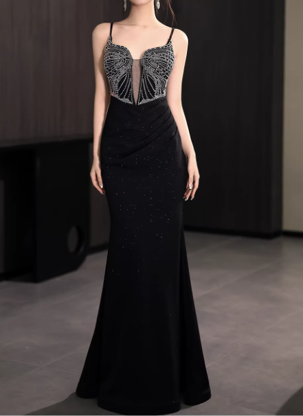 Vintage Black Glitter Mermaid Evening Gown Beaded Sweetheart Spaghetti Strap Prom Dress DP7784
