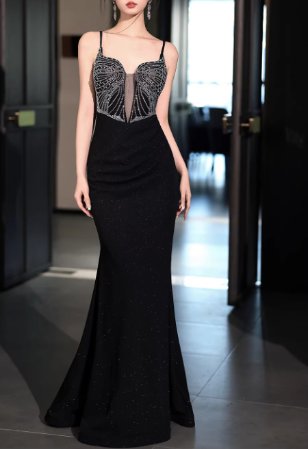 Vintage Black Glitter Mermaid Evening Gown Beaded Sweetheart Spaghetti Strap Prom Dress DP7784