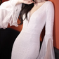 Vintage White Sequin Mermaid Evening Gown Deep V-Neck Flared Long Sleeve Tulle Train Prom Dress DP7785