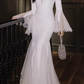 Vintage White Sequin Mermaid Evening Gown Deep V-Neck Flared Long Sleeve Tulle Train Prom Dress DP7785