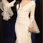 Vintage White Sequin Mermaid Evening Gown Deep V-Neck Flared Long Sleeve Tulle Train Prom Dress DP7785