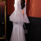Vintage White Sequin Mermaid Evening Gown Deep V-Neck Flared Long Sleeve Tulle Train Prom Dress DP7785