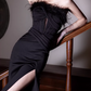Vintage Black Strapless Feather Trim Mermaid Evening Gown High Slit Prom Dress DP7786