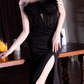 Vintage Black Strapless Feather Trim Mermaid Evening Gown High Slit Prom Dress DP7786