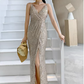 Vintage Champagnergoldenes Pailletten-Abendkleid mit Spaghettiträgern, hohem Schlitz und V-Ausschnitt, Ballkleid DP7787