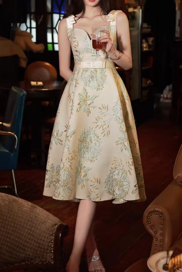 Vintage Beige Blumenmuster A-Linien-Midi-Cocktailkleid mit Herzausschnitt und Gürtel, formelles Ballkleid DP7792