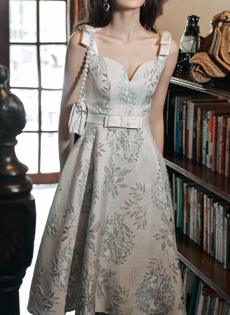 Vintage Beige Floral Print A-Line Midi Cocktail Gown Sweetheart Belted Formal Prom Dress DP7792