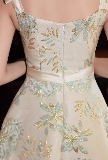 Vintage Beige Floral Print A-Line Midi Cocktail Gown Sweetheart Belted Formal Prom Dress DP7792