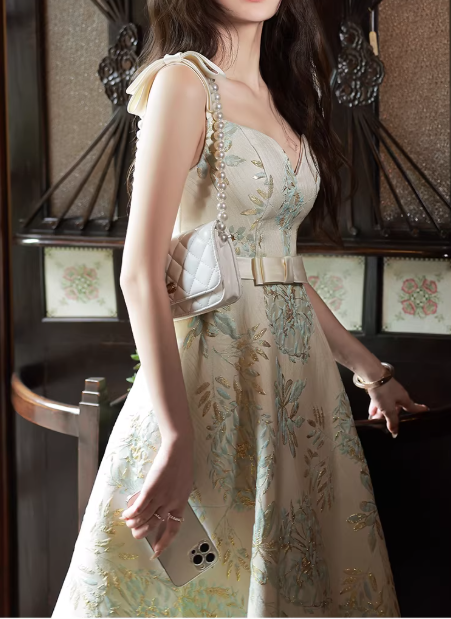 Vintage Beige Floral Print A-Line Midi Cocktail Gown Sweetheart Belted Formal Prom Dress DP7792