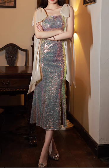 Elegantes, schillerndes Pailletten-Midi-Cocktailkleid im Meerjungfrauenstil aus Satin, DP7793