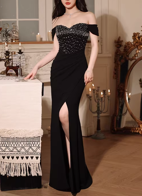 Elegantes schulterfreies Meerjungfrauen-Abendkleid mit Perlenbesatz, herzförmigem Ausschnitt und hohem Schlitz, Ballkleid DP7794
