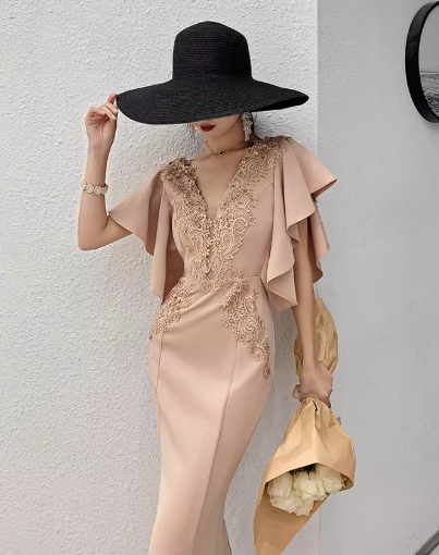 Elegant Satin Mermaid Appliqued Beaded Evening Dress V-Neck Flutter Sleeve Prom Dress DP7795