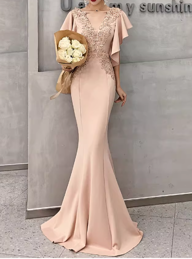 Elegant Satin Mermaid Appliqued Beaded Evening Dress V-Neck Flutter Sleeve Prom Dress DP7795