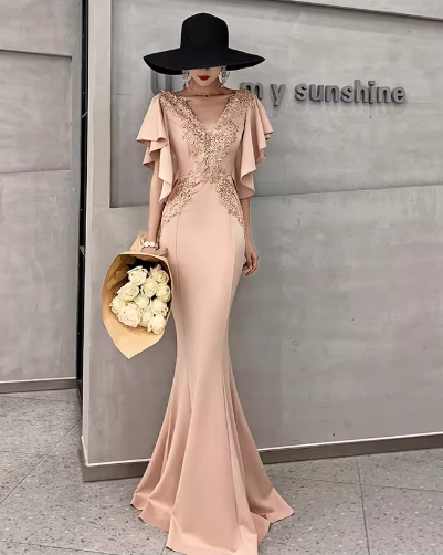 Elegant Satin Mermaid Appliqued Beaded Evening Dress V-Neck Flutter Sleeve Prom Dress DP7795