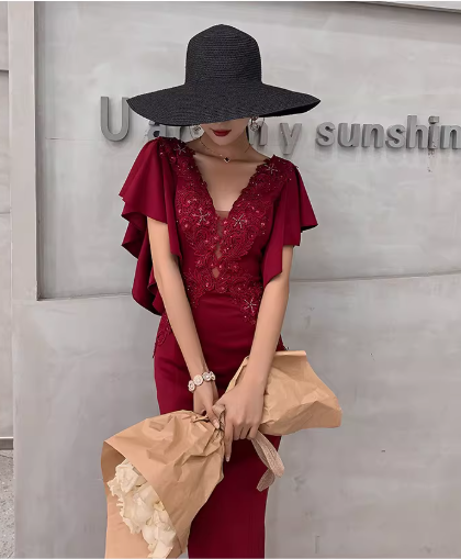 Elegant Satin Mermaid Appliqued Beaded Evening Dress V-Neck Flutter Sleeve Prom Dress DP7795