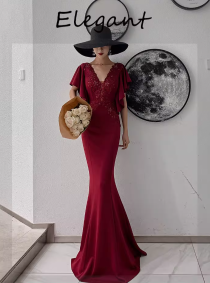 Elegant Satin Mermaid Appliqued Beaded Evening Dress V-Neck Flutter Sleeve Prom Dress DP7795