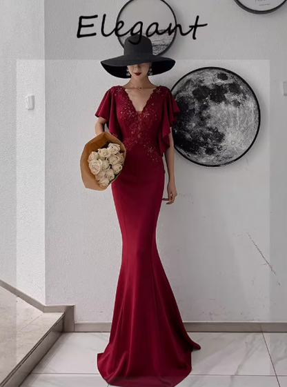 Elegant Satin Mermaid Appliqued Beaded Evening Dress V-Neck Flutter Sleeve Prom Dress DP7795