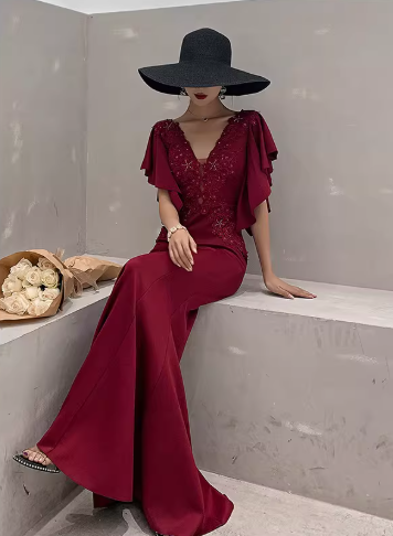 Elegant Satin Mermaid Appliqued Beaded Evening Dress V-Neck Flutter Sleeve Prom Dress DP7795