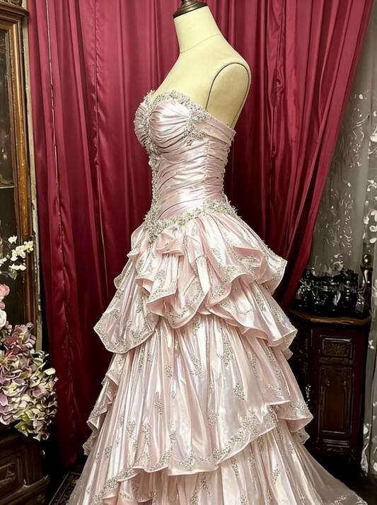 Gorgeous Pink Sweet 16 Quinceanera Sweetheart Strapless A-Line Floor-length Tiered Prom Dress Evening Dress Ball Gown DP6375