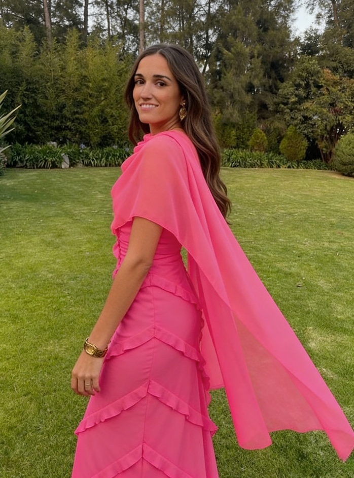 Elegant Hot Pink Chiffon Capelet Ruffle Maxi Prom Dress DP4285