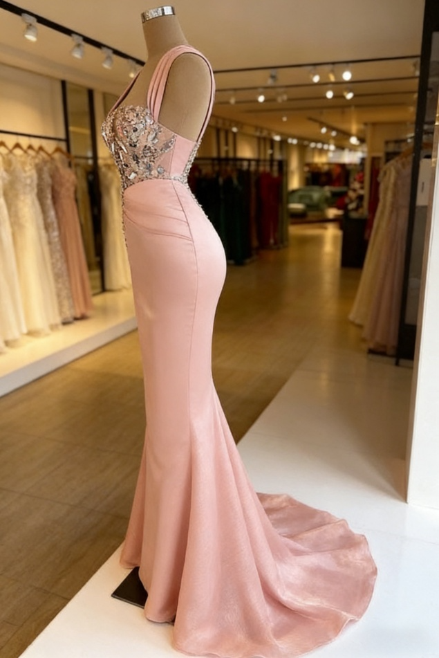 Robe de bal sirène longue rose élégante à paillettes, F04818