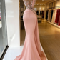 Robe de bal sirène longue rose élégante à paillettes, F04818