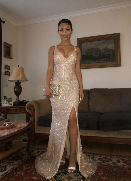 Gold Sequin Mermaid Formal Evening Gown Deep V Neck High Slit Prom Dress DS4427