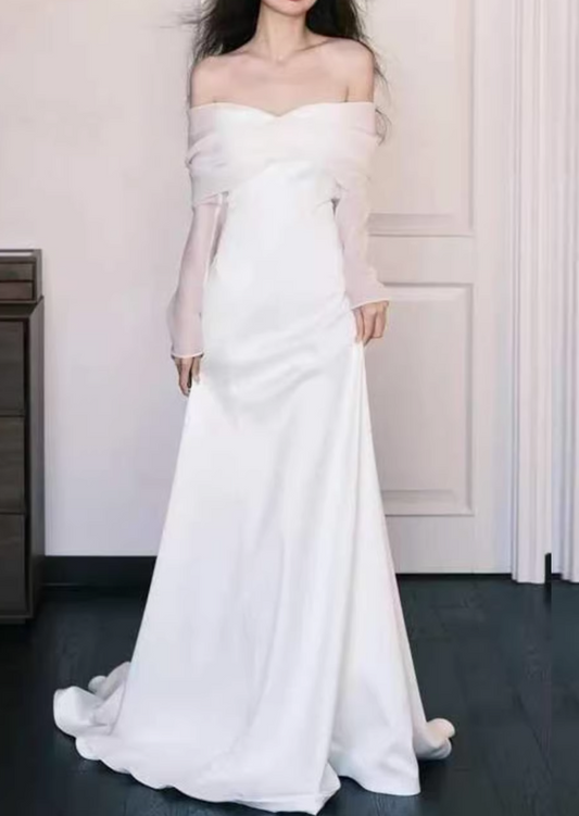 Vintage Ivory Satin Trumpet Off-the-Shoulder Sheer Long Sleeve Sweetheart Wedding Dress with Train DP7798