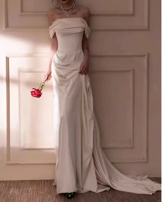 Elegant White Satin Sheath Off-the-Shoulder Draped Wedding Dress with Train DP7799