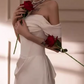 Elegant White Satin Sheath Off-the-Shoulder Draped Wedding Dress with Train DP7799