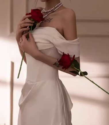 Elegant White Satin Sheath Off-the-Shoulder Draped Wedding Dress with Train DP7799