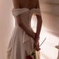 Elegant White Satin Sheath Off-the-Shoulder Draped Wedding Dress with Train DP7799