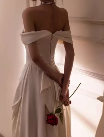 Elegant White Satin Sheath Off-the-Shoulder Draped Wedding Dress with Train DP7799